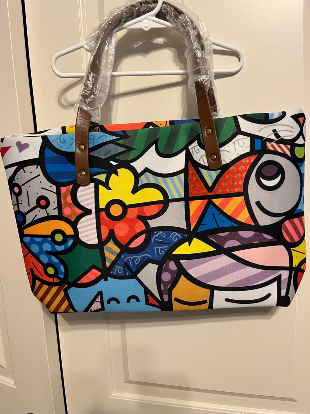 Colorful Pop Art neoprene Tote with Brown leather handles